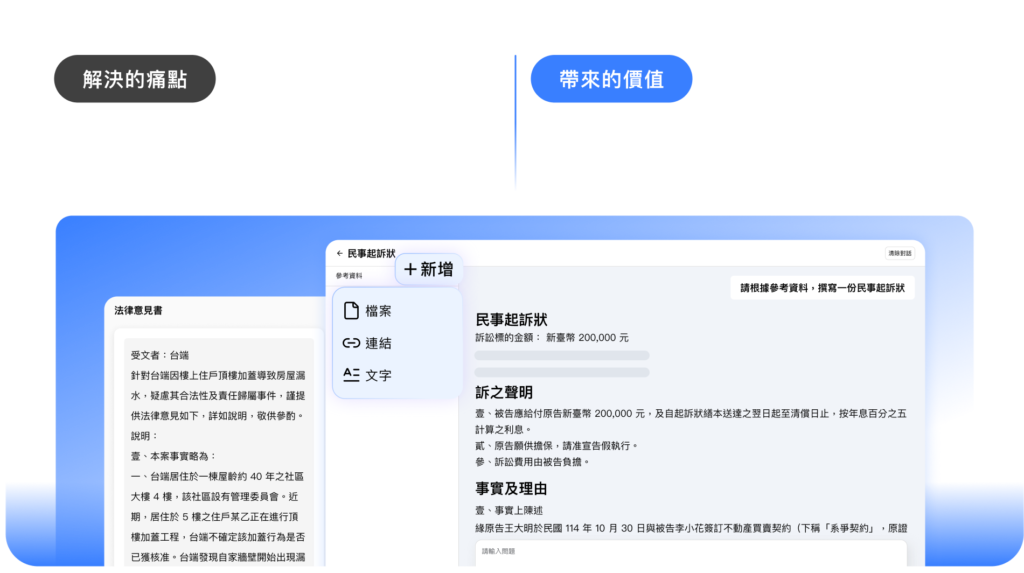 解決的痛點：上傳卷證，一個指令快速生成書狀和各種文書，從起訴狀到法律意見書，3 分鐘完成，還可以下載符合書狀格式的 word 檔。 帶來的價值：平常要花許多時間撰寫的書狀文件，現在使用Lawsnote AI，效率提高 10 倍。